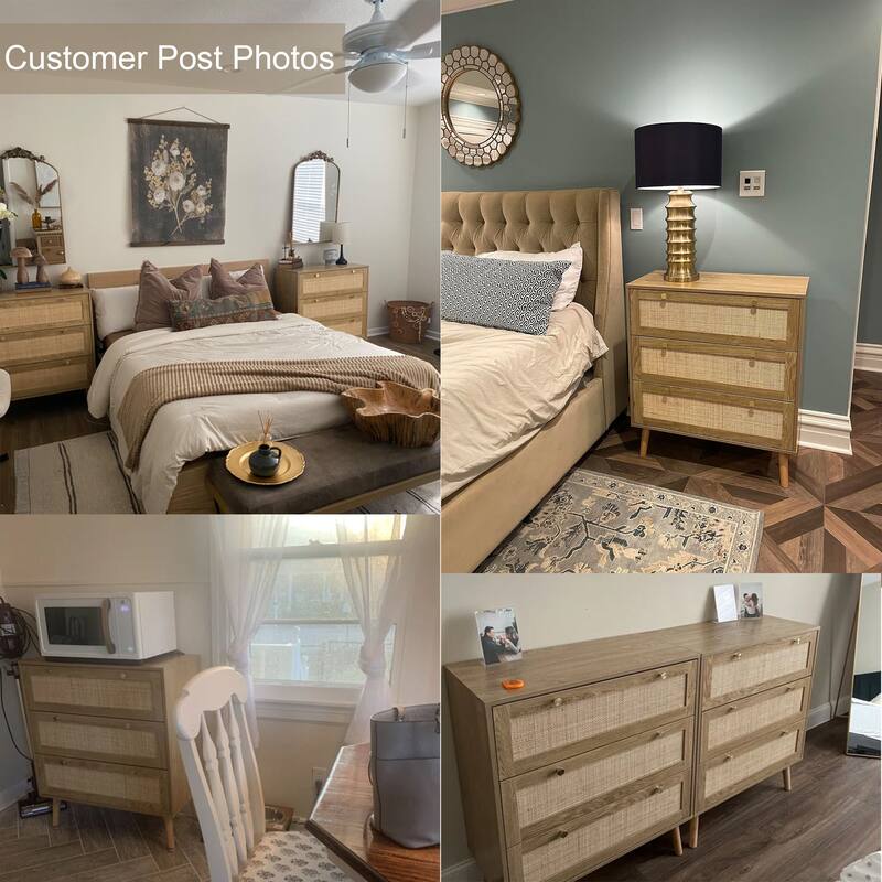 3-Drawer Rattan Dresser Modern Boho Chest of Drawers with Spacious Storage for Bedroom