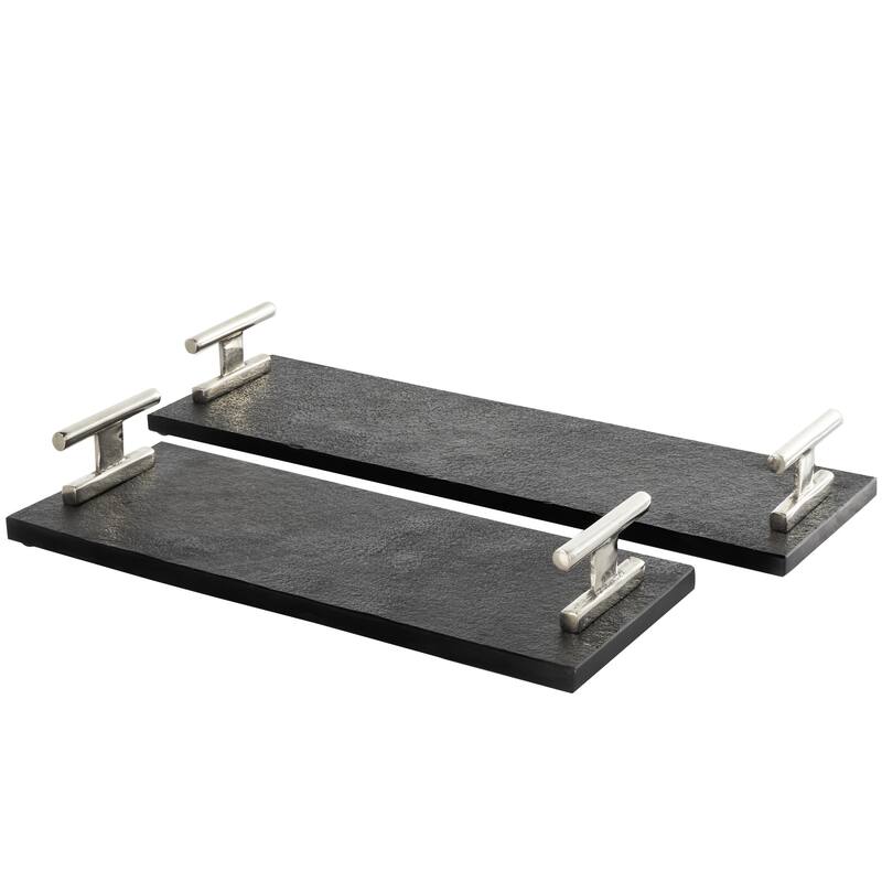 Black Marble Textured Living Room Decor Tray with Silver or Black Rod Handles (Set of 2)