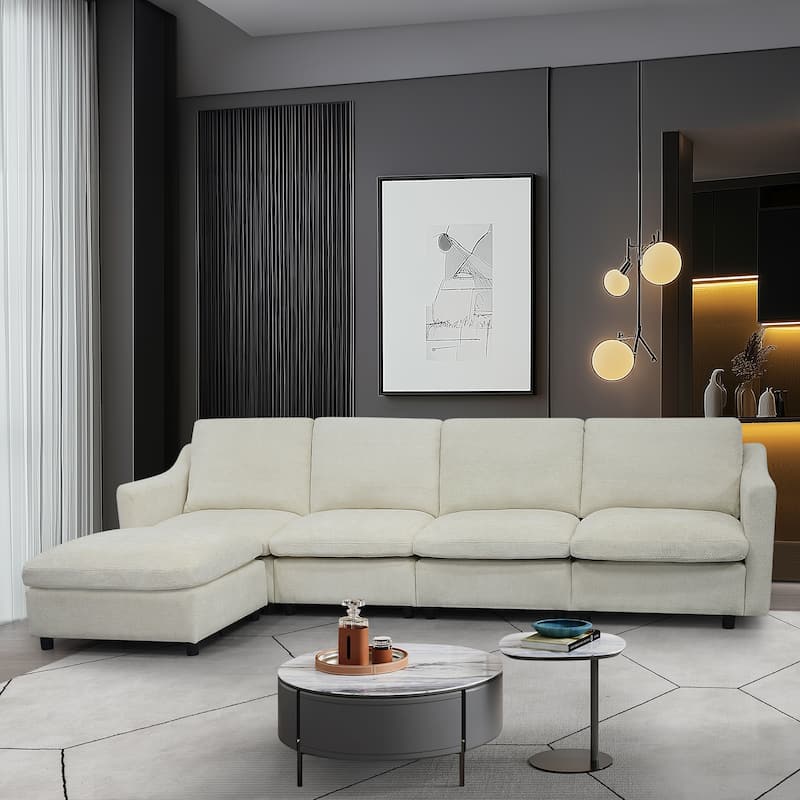4-Seater Modern Beige Fabric Modular Sofa with Ottoman, Armrest Pockets and 4 Pillows