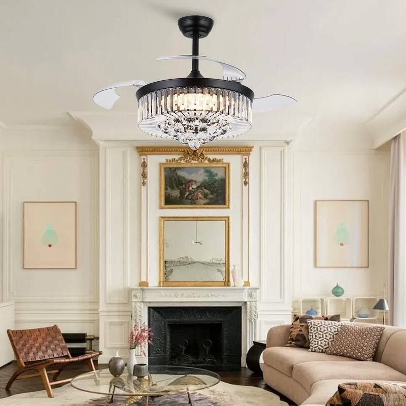 Kviflon 48'' Retractable Ceiling Fan with Lights and Remote 6 Speed, 3 Light Change Retractable Blade Chandelier Ceiling Fan