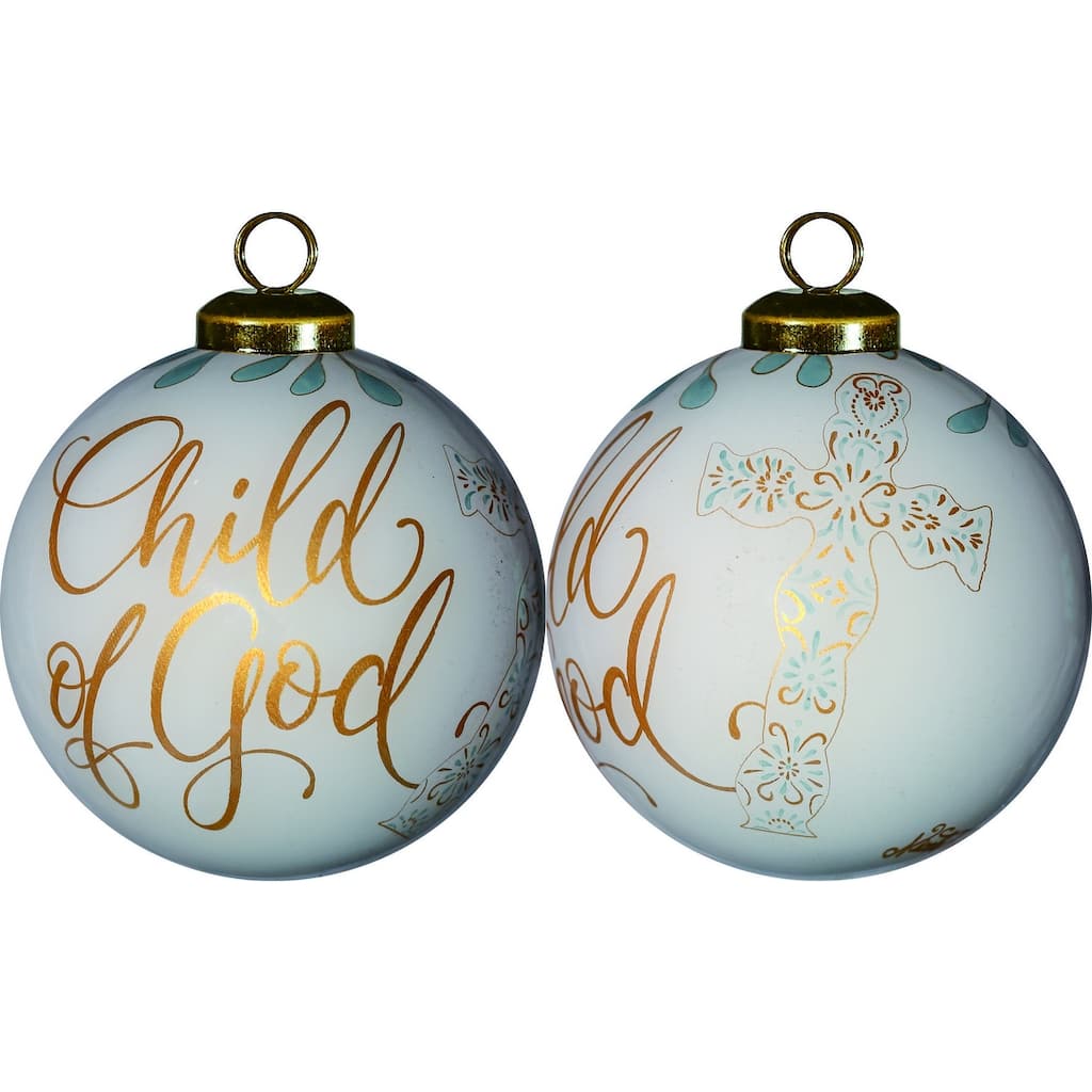 White and Gold Child of God Hand Painted Mouth Blown Glass Ornament - 3" x 3" x 3"