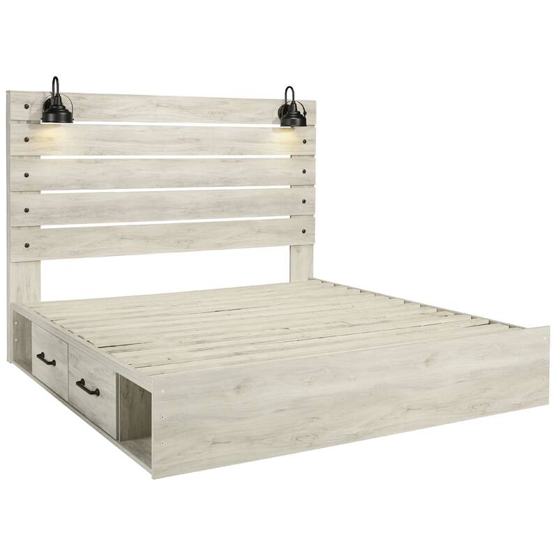 Cemy Rustic King Panel Bed, 2 Sconce Lights and 4 Drawers, Whitewash