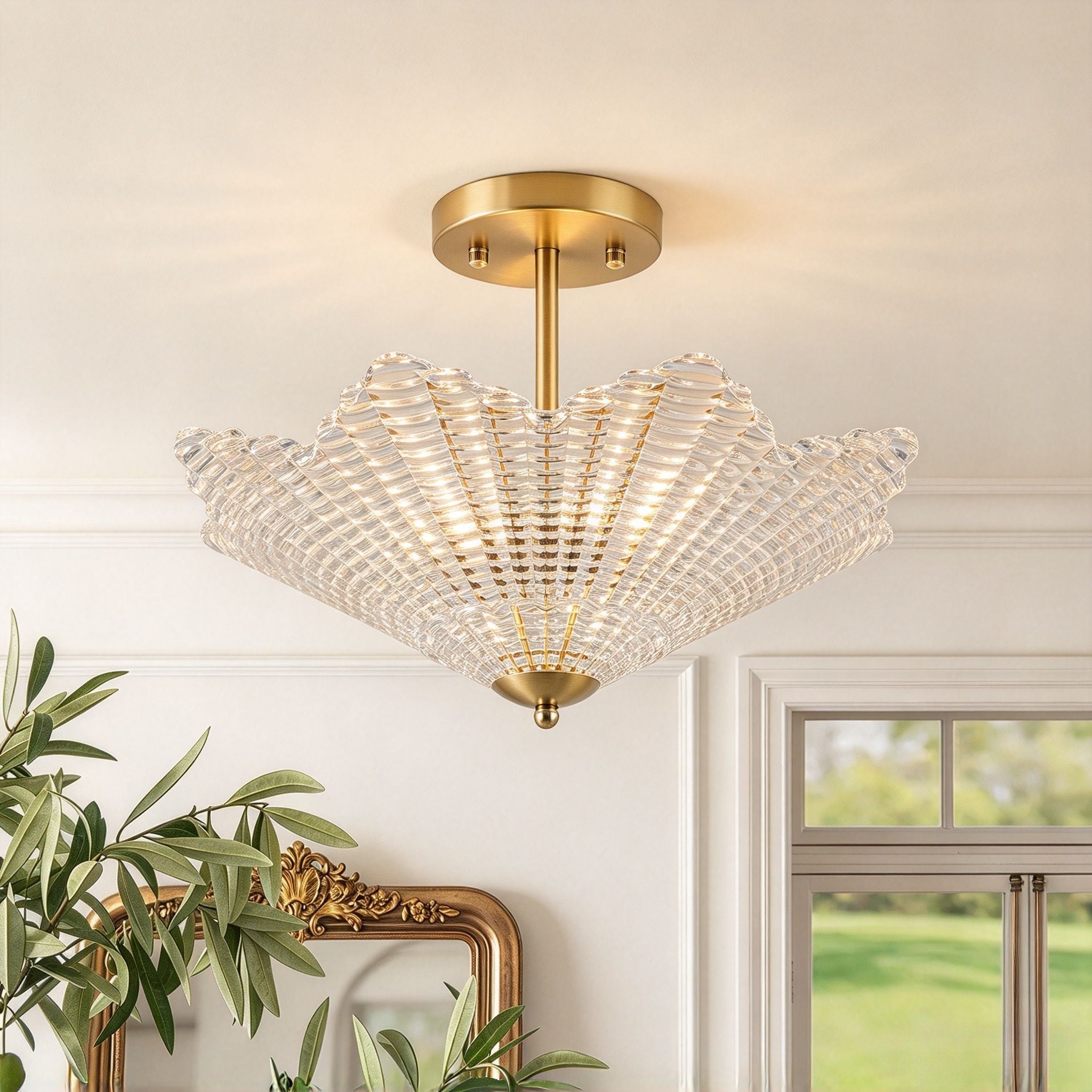 Rennnsan 3-Light Modern Art Deco Gold Clear Ribbed Glass Flush Mount Ceiling Light for Living Room - 15.7 in. W x 15.3 in.H