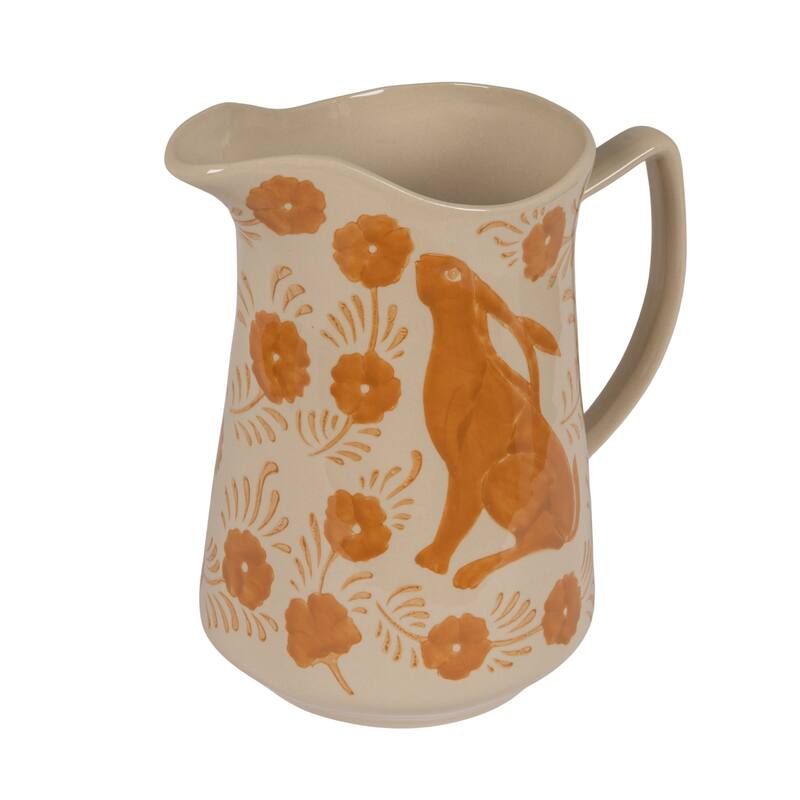 Stoneware Pitcher with Painted Rabbit and Florals - Brown