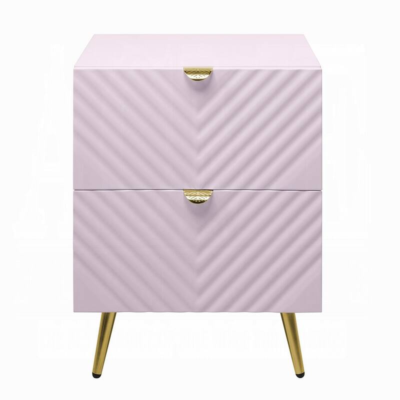 Tyra Nightstand, Geometric 2 Drawers, Gold Metal, 25 Inch Pink Wood