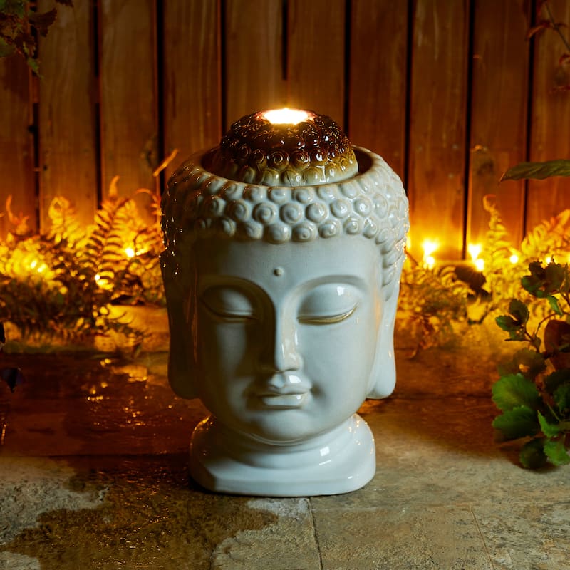 Glitzhome 18"H Zen-Style Buddha Head Ceramic LED Lighted Tabletop or Outdoor Floor Fountain