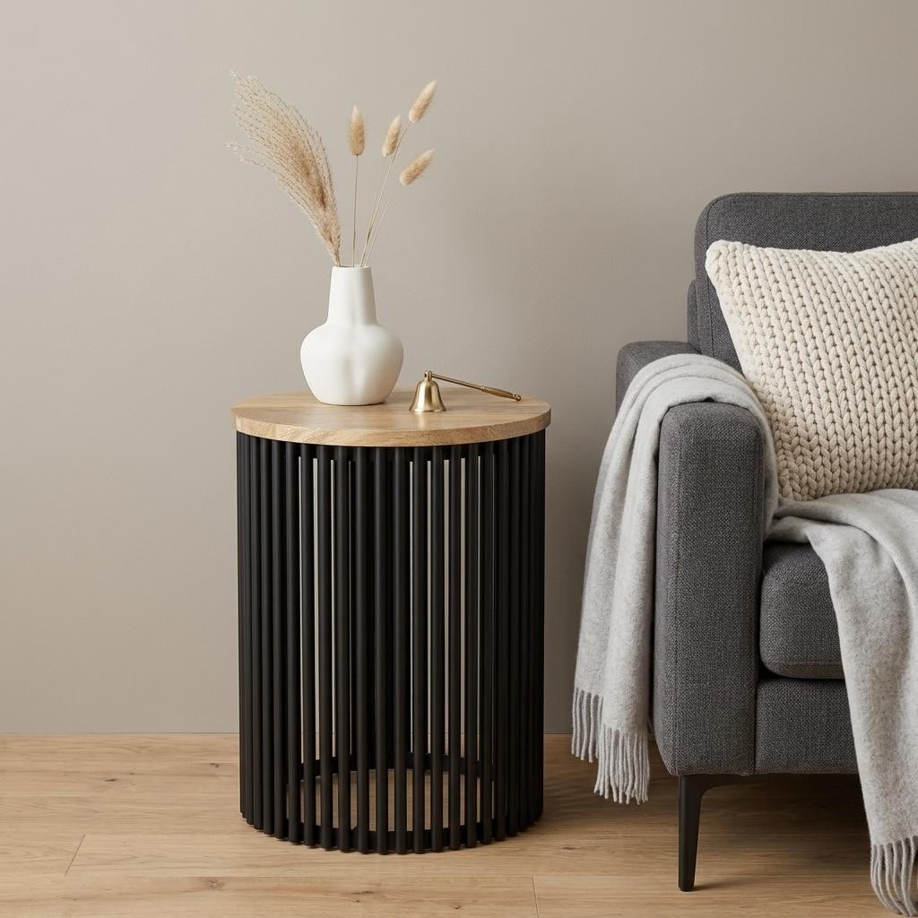 HomeRoots 25" Matte Natural and Black Solid Wood and Iron Round Drum End Table - 20.00 in. x 25.00 in. x 20.00 in.
