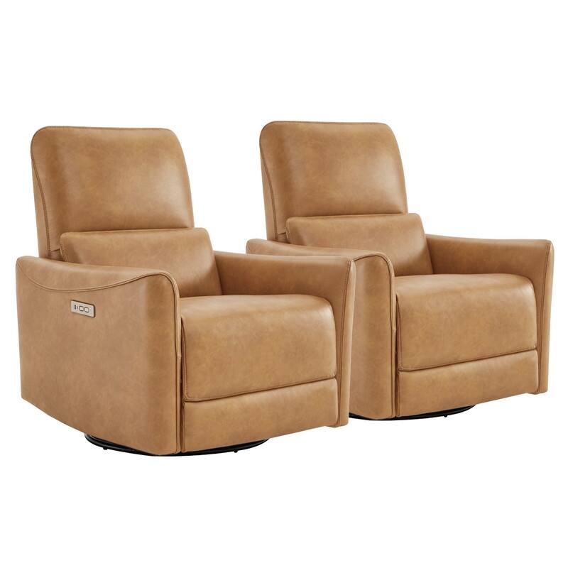 Spruce & Spring Asher Power Swivel Glider Recliner - Cognac Brown-Faux Leather-Set of 2