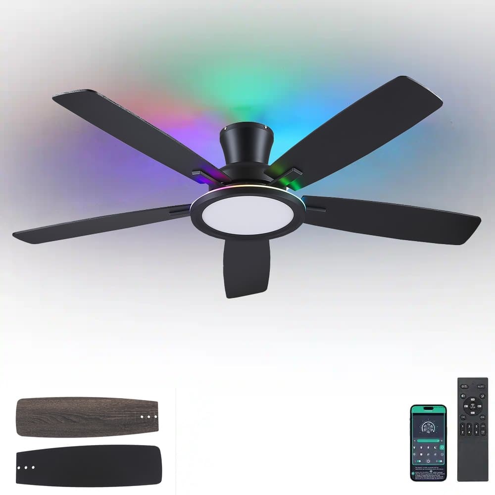 52 Inches RGB Flush Mount Ceiling Fan with Light,Reversible DC Motor for Bedroom Living Room Patio - 52 Inches