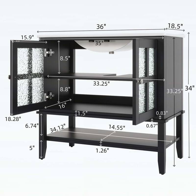 36 Inch Bathroom Vanity with Ceramic Sink,Adjustable and Open Shelves,Wood Legs