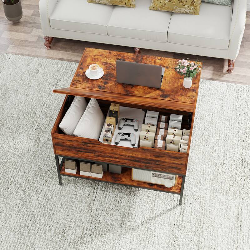 Farmhouse Flip Top Coffee Table with Storage - 31.5" Rustic Wood Grain Table, Hidden Storage Compartment for Living Room