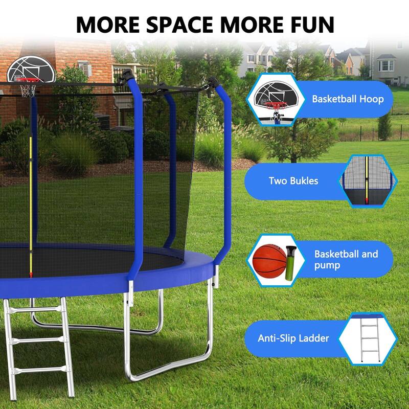 Outdoor Trampoline with Safety Net, Basketball Hoop & Ladder