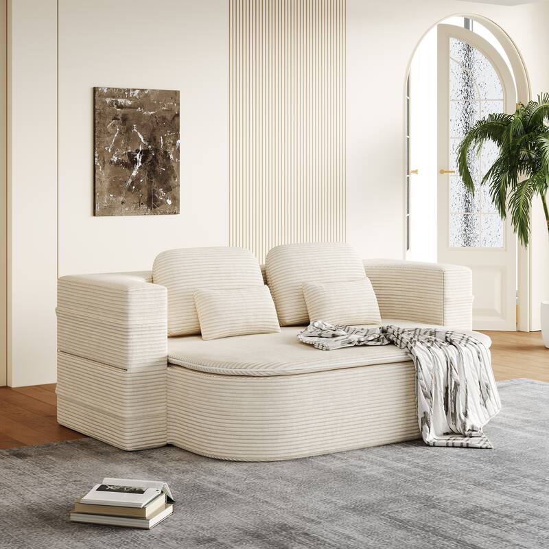 2-in-1 Floor Sleeper Sofa Bed Corduroy Foldable Sofa with Functional Blanket and Pillows for Living Room Bedroom Studio - Beige