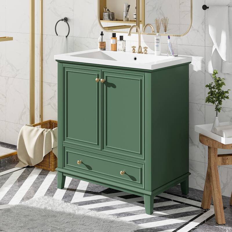 Bathroom Vanity with Ceramic Sink, Solid Wood & MDF Base, 1 Drawer & 2 Doors, Adjustable Shelf - 30in L Solid Wood+MDF