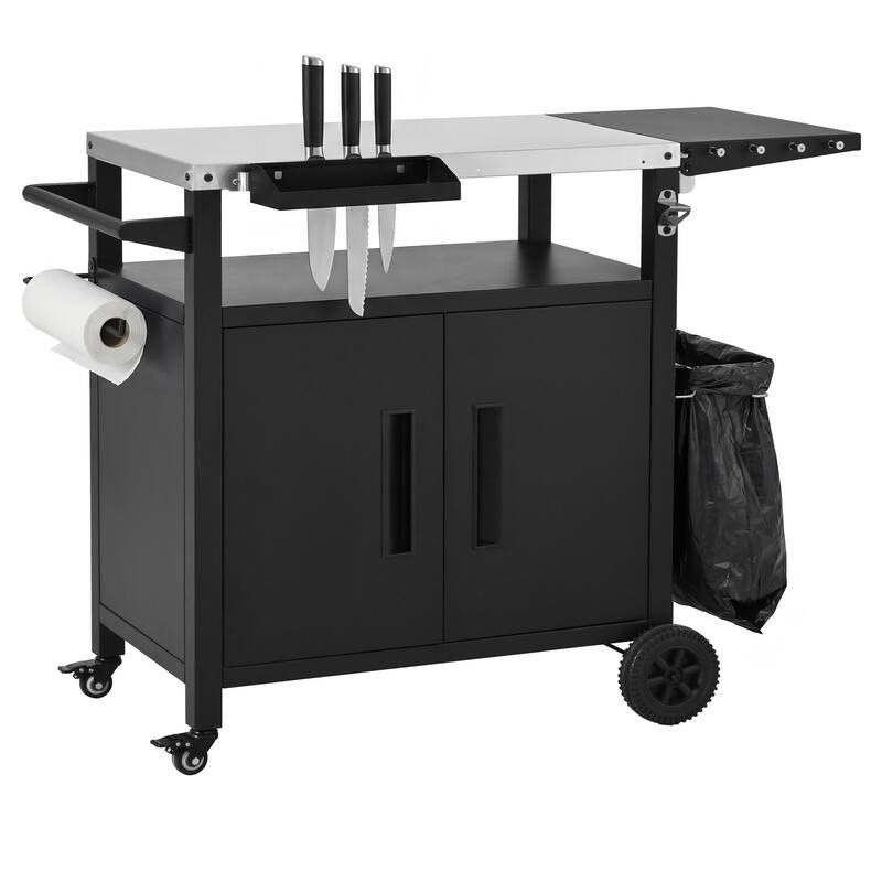 Outdoor Kitchen Island Grill Cart with Pizza Oven Table, Stainless Steel Top & Waterproof Cover