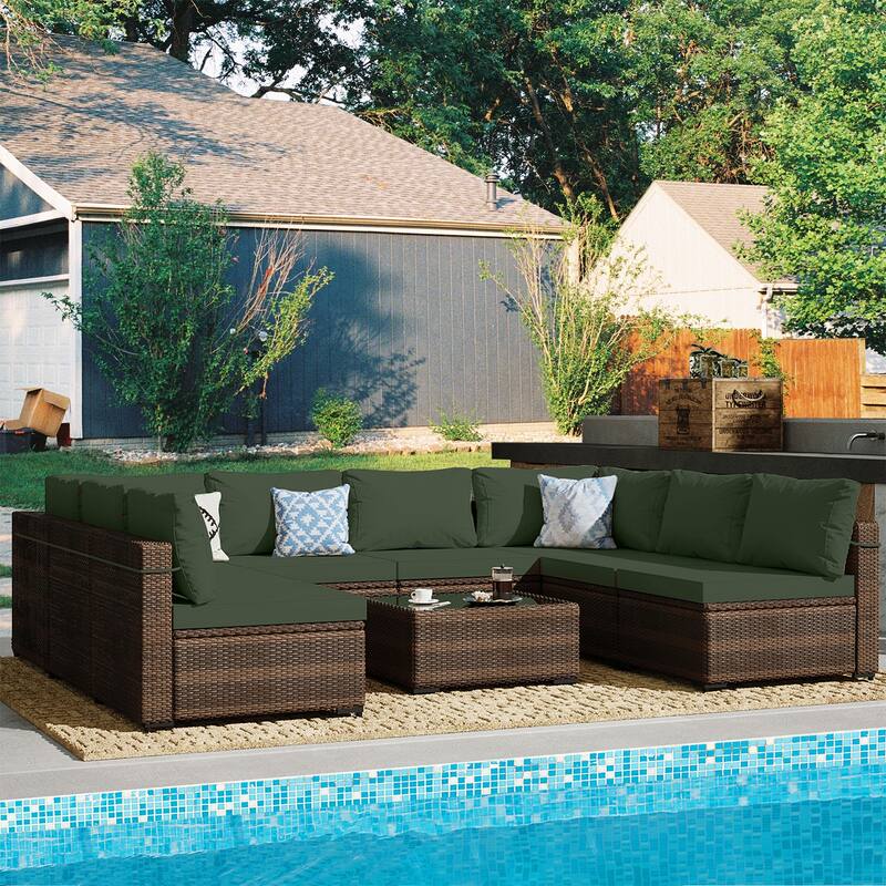 Patio Watcher Outdoor 8 Seater Rattan Sectional Set with Cusions and Coffe Table - Pine Green