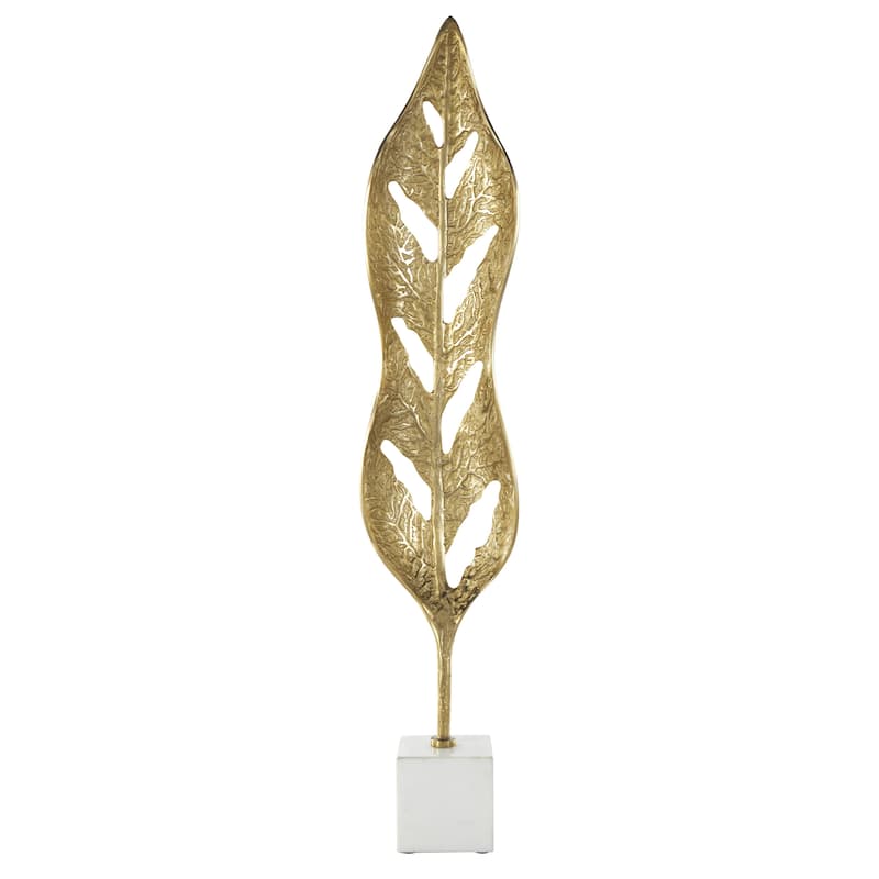 Aluminum Metal Leaf Tall Textured Cutout Decorative Sculpture with White Marble Base - Gold - Roche River Decor