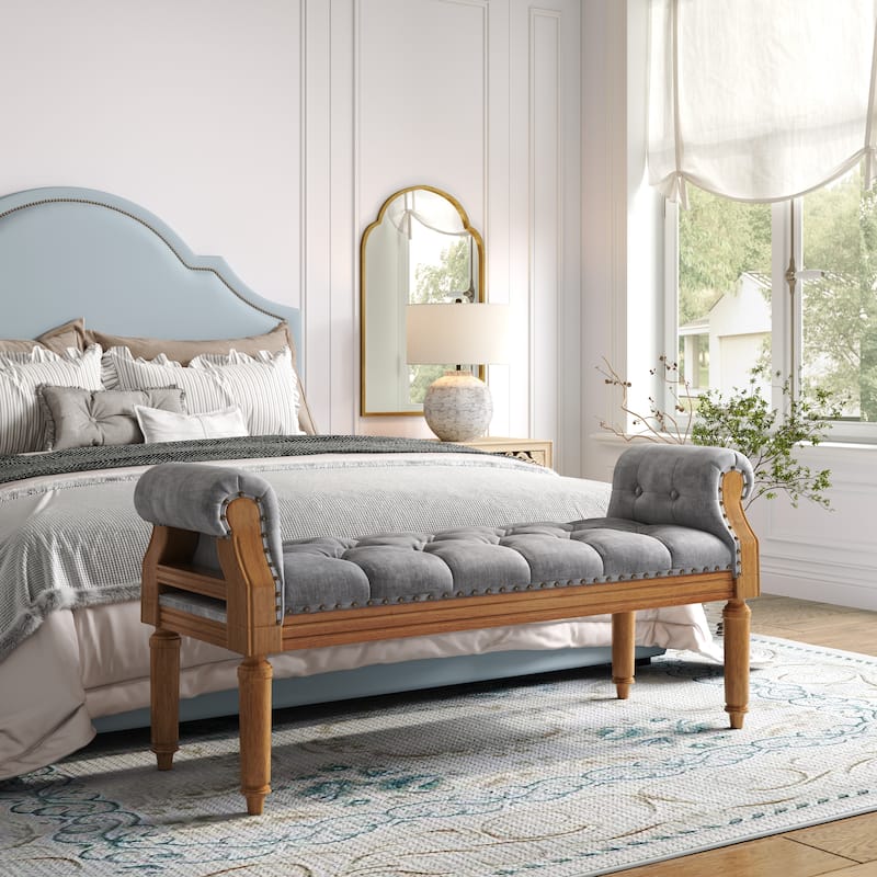 Christopher Knight Home - Mid-Century Solid Rubberwood Upholstered Bench with Rolled Arms, Button-Tufted Cushion & Nailhead Trim - Gray