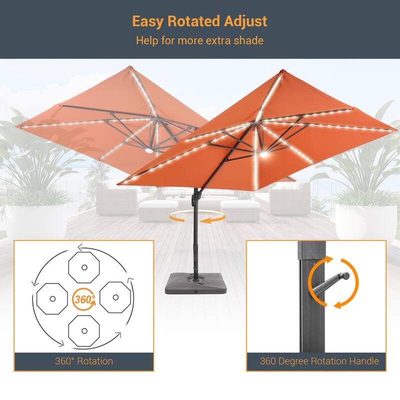 LIVOOSUN Patio10x10FT LED Aluminum Cantilever Umbrella Solution-Dyed Fabric w/Base