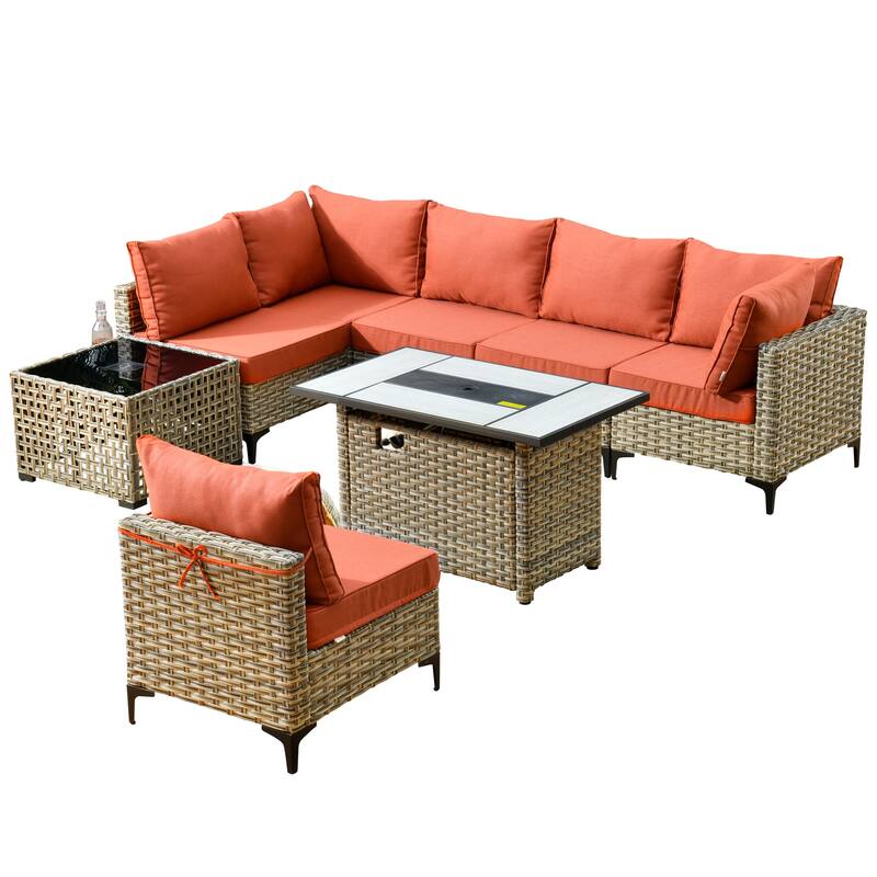 XIZZI 8-Piece Outdoor Wicker Furniture Sectional Set with Firepit