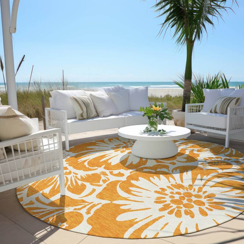 Machine Washable Indoor/ Outdoor Whimsy Floral Chantille Rug - Orange - 8' x 8'