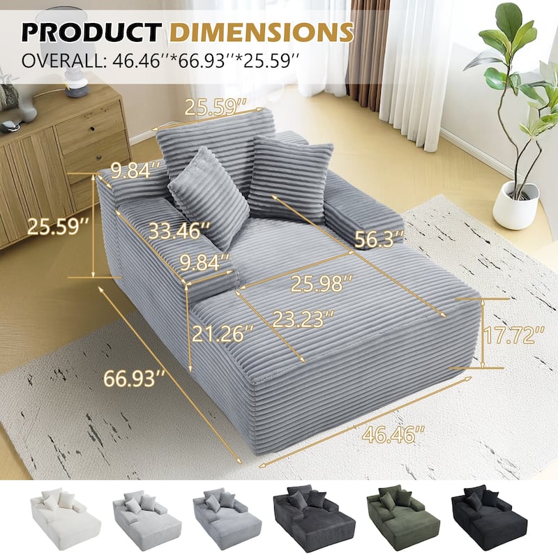Deep Seat Chaise Lounge Chair, Wide Armrest Sleeper Sofa with Three Soft Pillows, Convertible Boneless Sofa Bed Daybed