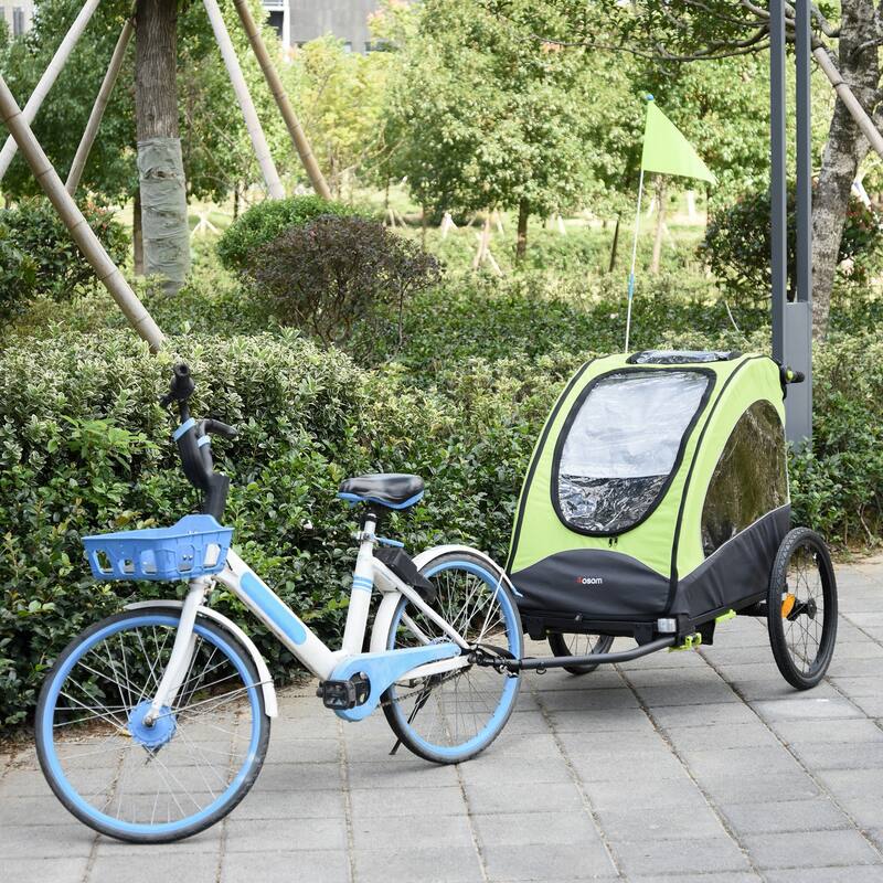 Aosom 3-in-1 Folding Child Bike Trailer Jogging & Baby Stroller with Shock Absorbing Frame & Adjustable Handlebar - Green, Grey