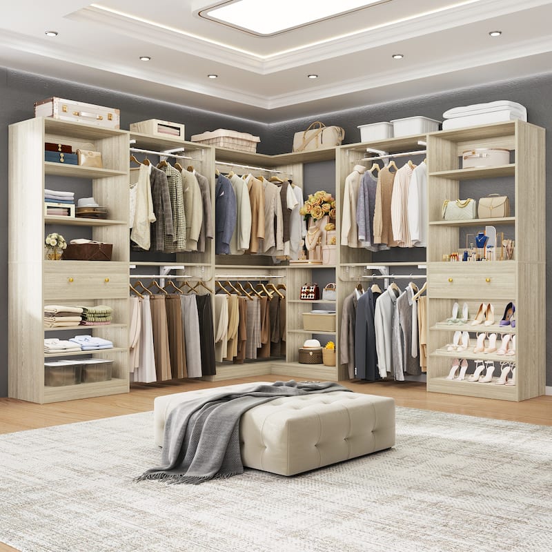 Zyntex Corner Closet System with 2 Wooden Drawers and 6 Hanging Rods, Freestanding Walk-in Closet Organizer with Storage Shelves - White Oak