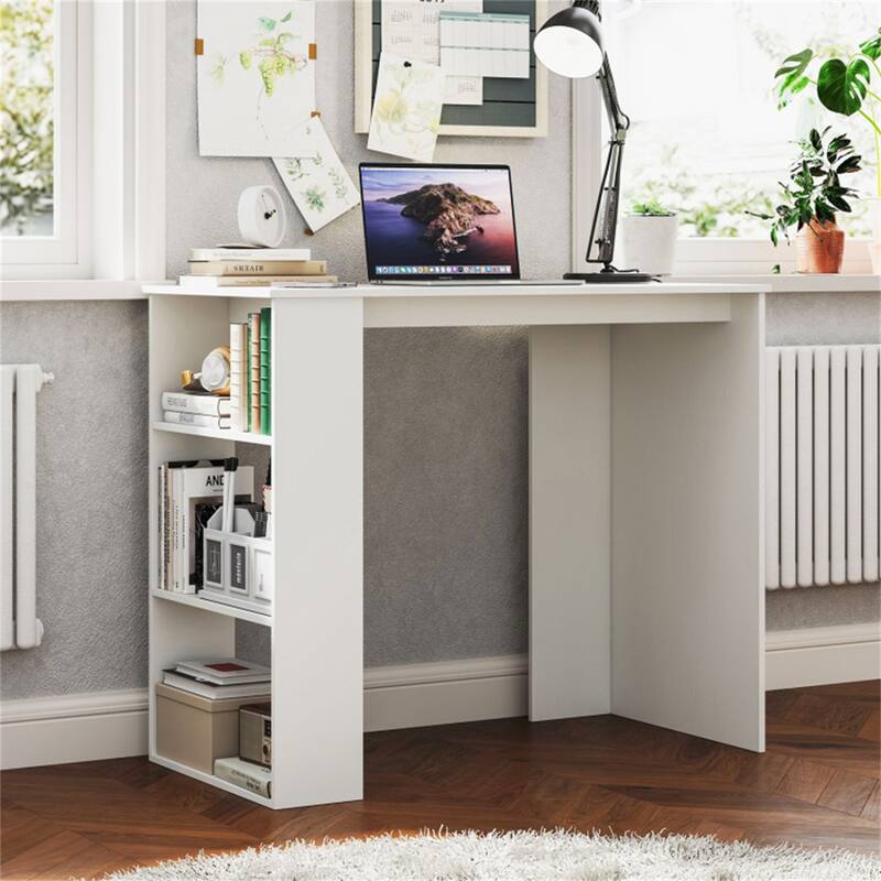 White Engineered Wood Computer Desk with Side Bookshelf Modern Minimalist
