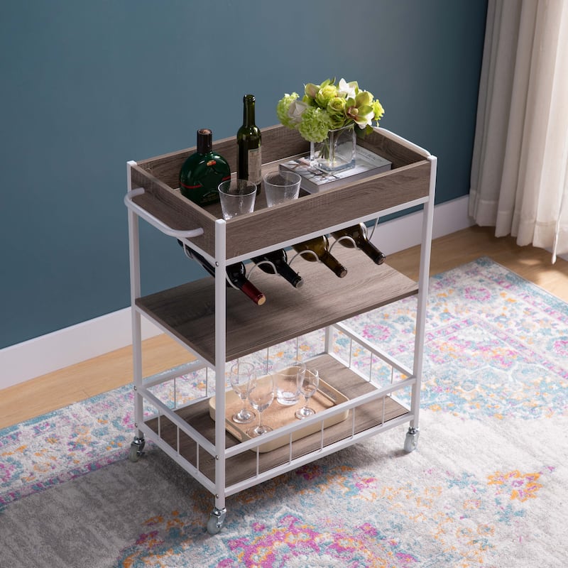 Kitchen Cart with Three Tier Storage and Four Wine Bottle Rack - Taupe
