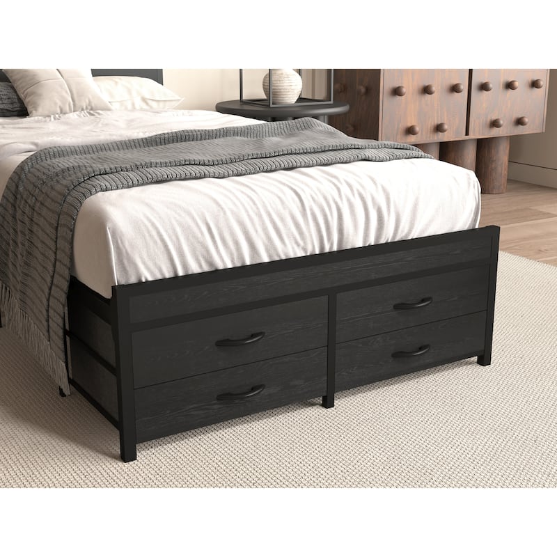 Twin Size Black Metal Platform Bed Frame with Headboard & Storage Drawers for Bedroom Apartment