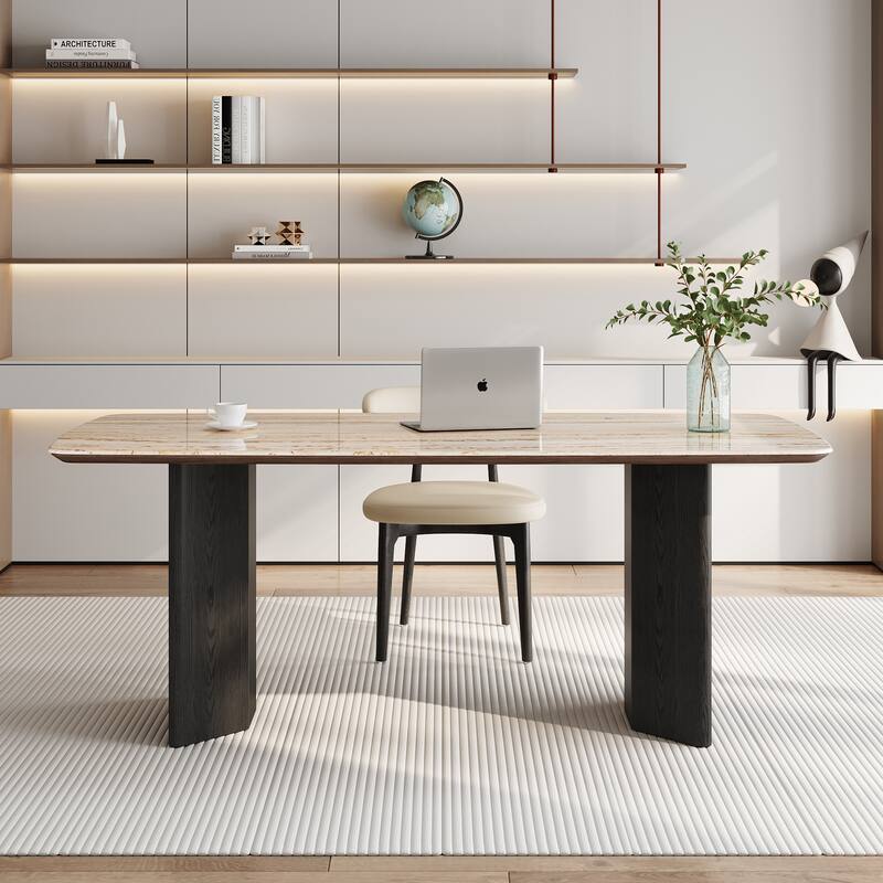 Modern 63" Retangular Wrining Desk, Faux Marble Table Top Desk With Double Legs