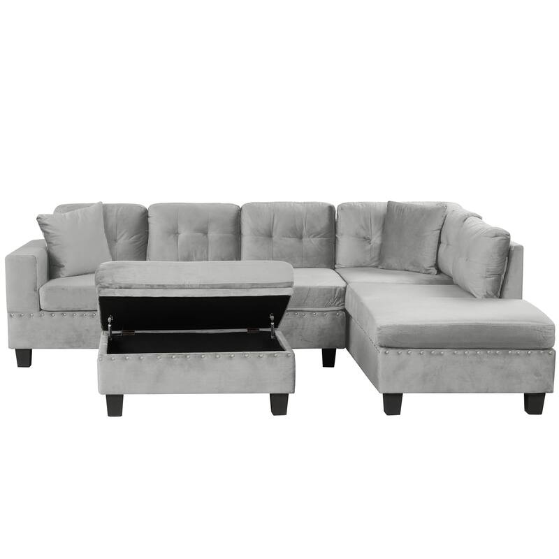 105.1" Velvet L-Shaped Sectional Sofa with Ottoman & Cup Holders