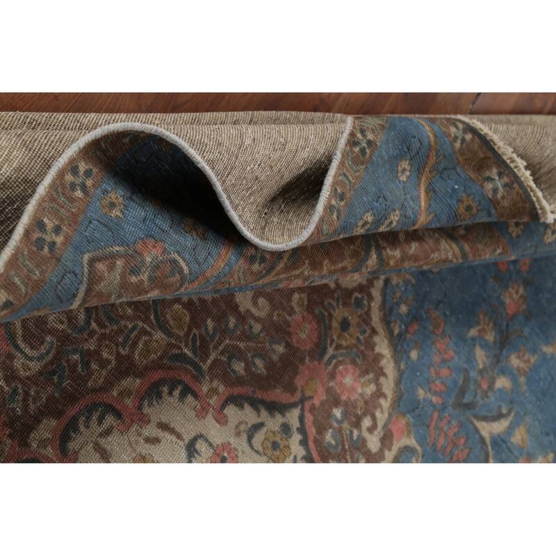 Blue Floral Tabriz Persian Antique Area Rug Hand-Knotted Wool Carpet - 9'6"x 12'10"