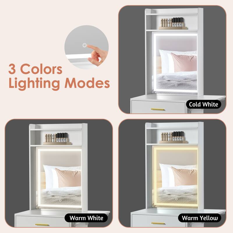 Small Vanity Desk with Mirror and Light, Makeup Table with Fold-up Panel, 3 in 1 Vanity Set with Hidden Stool