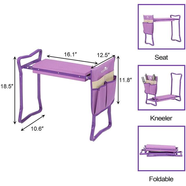 Garden Kneeler and Seat Folding Kneeling Bench Stool with Tool Pouches Soft EVA Foam for Gardening, Purple