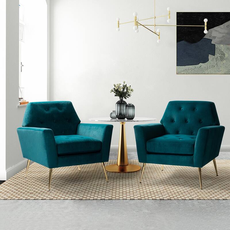 Lilia Contemporary Velvet Upholstered Tufted Back Armchair with Metal Golden legs Set of 2 by HULALA HOME