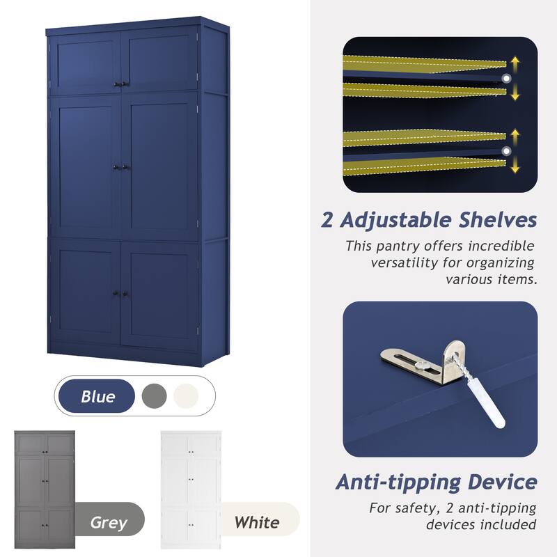 80.1'' Tall Kitchen Pantry Cabinet, Shaker Storage Cupboard w/ Power Outlets, Drawers, Wine Rack, Adjustable Shelves