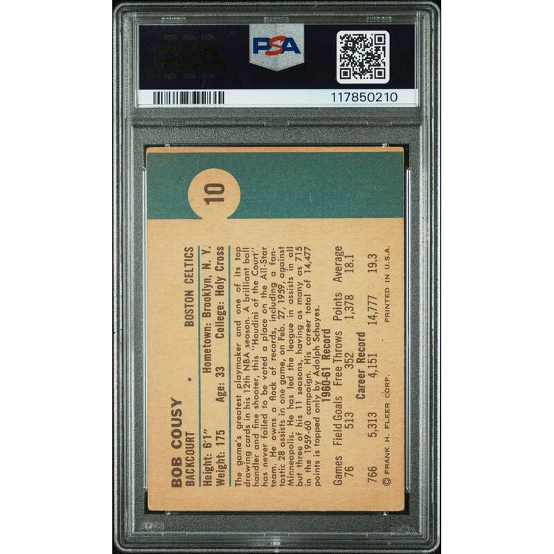 Bob Cousy 1961 Fleer Signed Basketball Card #10 Graded PSA 2.5 Auto 10 Cert # 117850210 - 8' x 11'