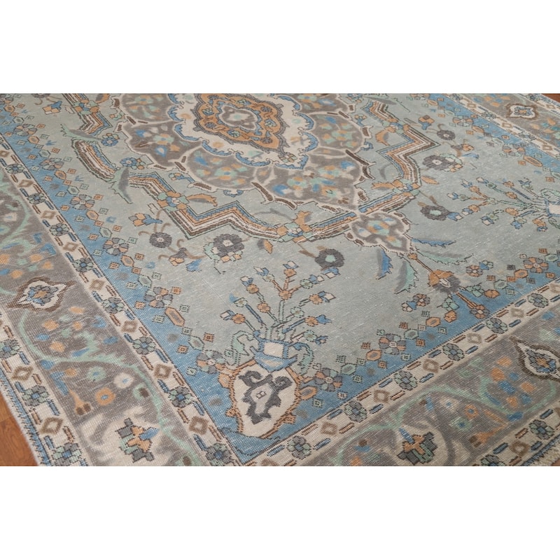 Geometric Tabriz Persian Area Rug Hand-Knotted Blue Wool Carpet - 8'2"x 11'4"