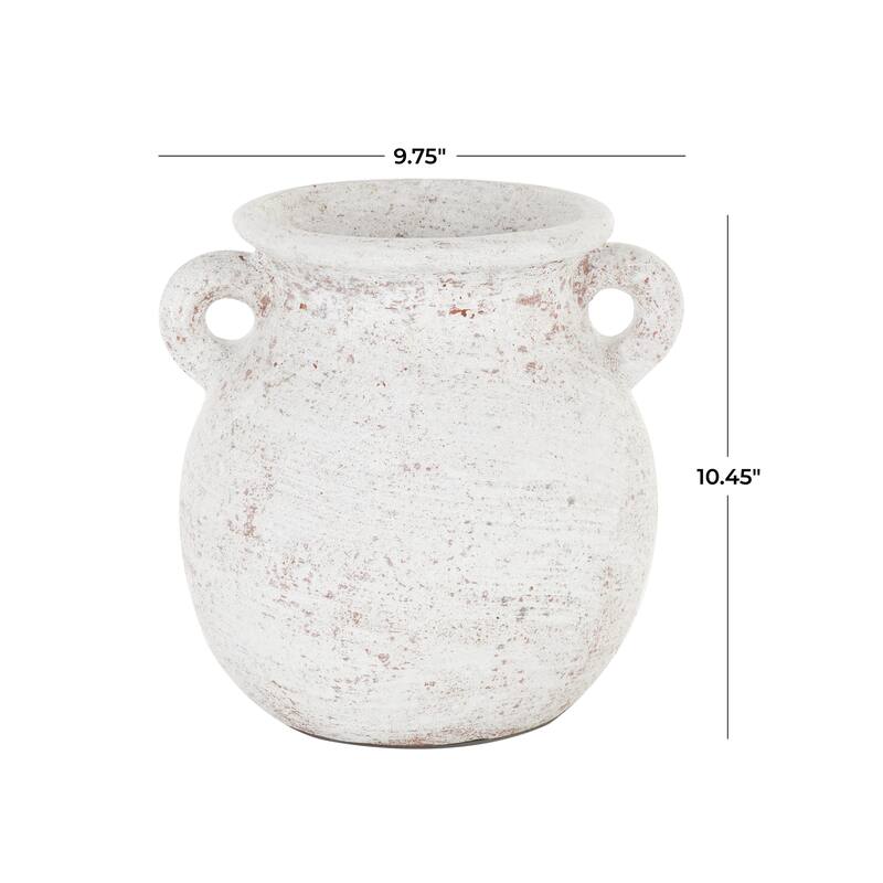 Cream Ceramic Antique Style Textured Pot Decorative Vase with Handles