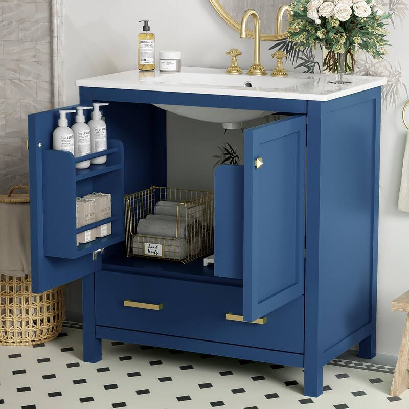 36"/30" Bathroom Vanity with Ceramic Sink, Soft-Close Doors, Double Storage Shelves & Divided Drawer