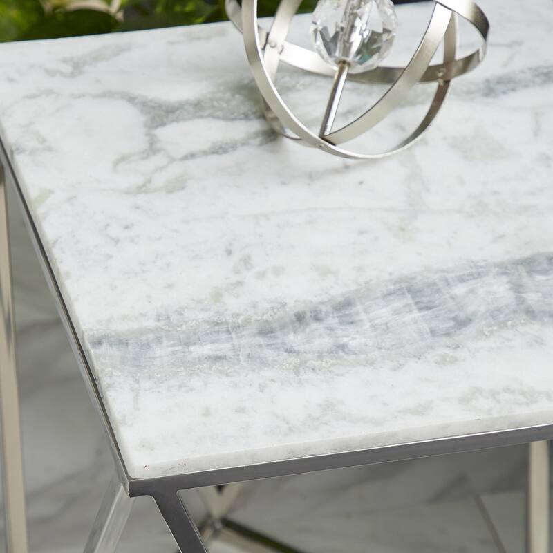 Stainless Steel Metal Geometric Accent Table with Marble Top - Silver - Roche River Decor