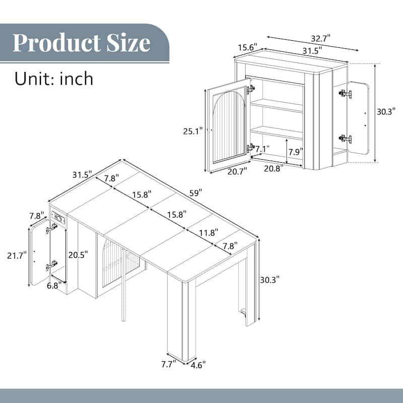 Extendable Dining Table with 3 Removable Middle Leaves,Mobile Rolling Table with Power Outlet,Saving-space Cabinet with Storage