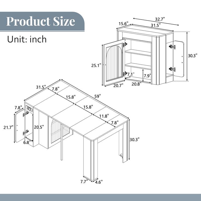 Roomfitters Extendable Dining Table, Mobile Kitchen Island, Rolling Storage Cabinet with Power Outlet