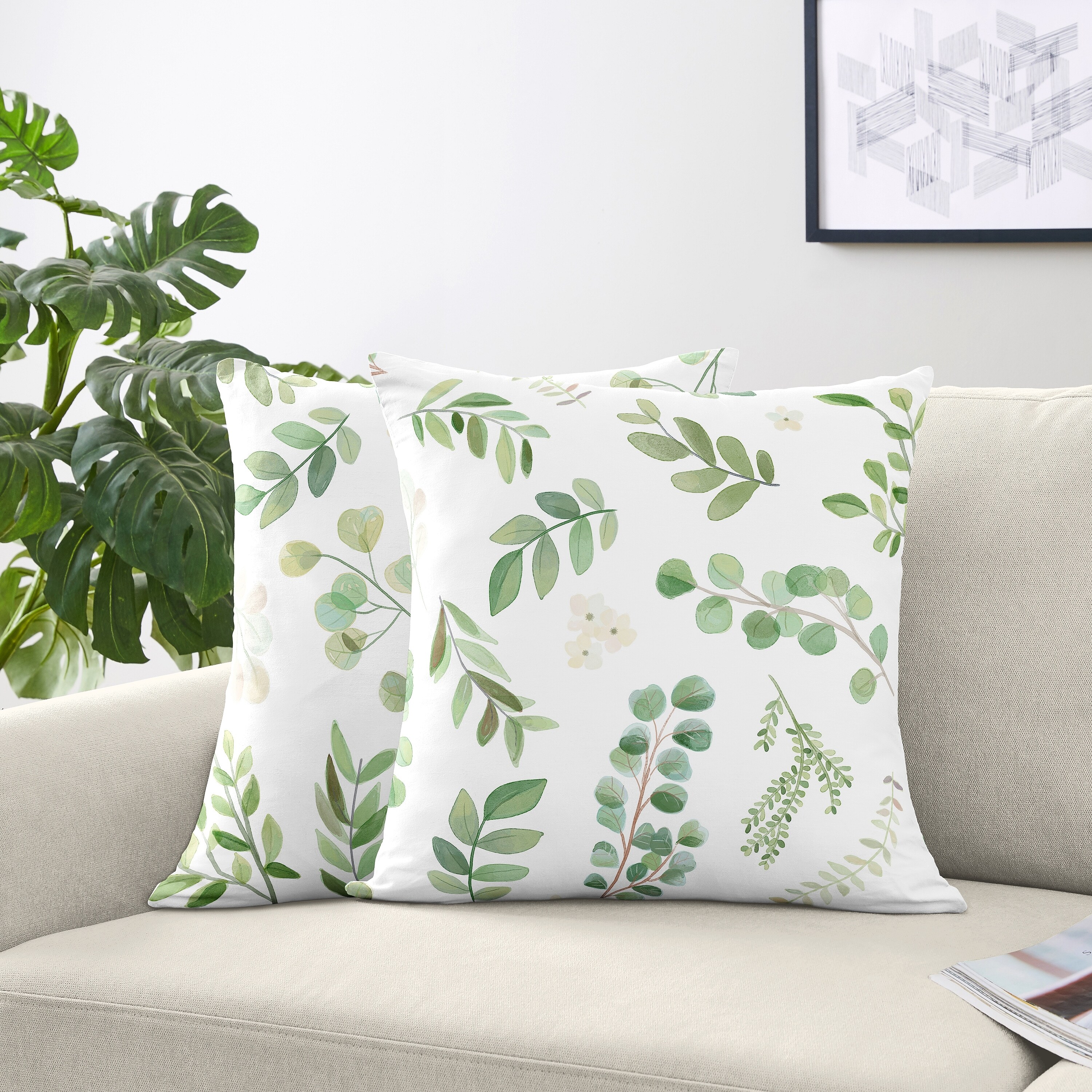 Sweet Jojo Designs Floral Leaf Decorative Accent Throw Pillows - Set of 2 - Green and White Boho Watercolor Botanical Woodland Tropical Garden