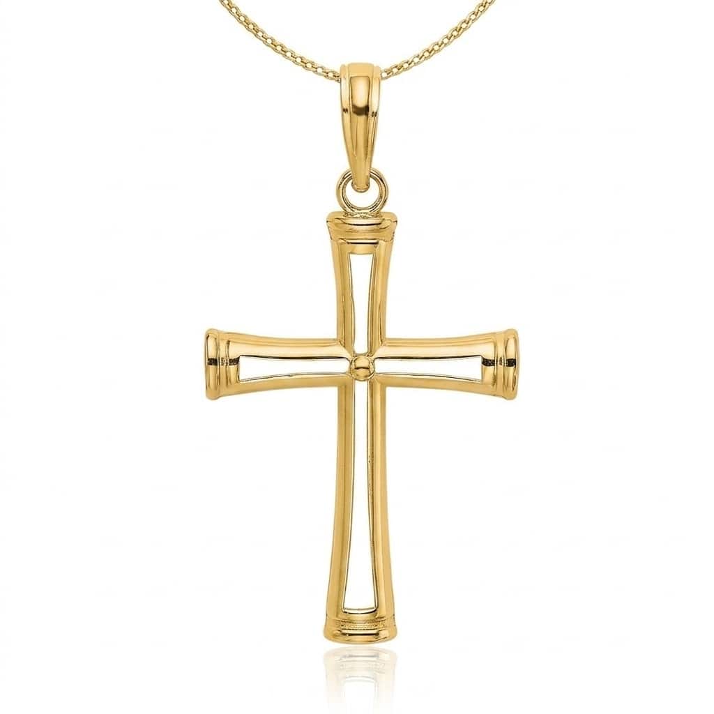 Curata 14k Solid Gold 23x18mm Outlined Polished Ribbed Cross Necklace
