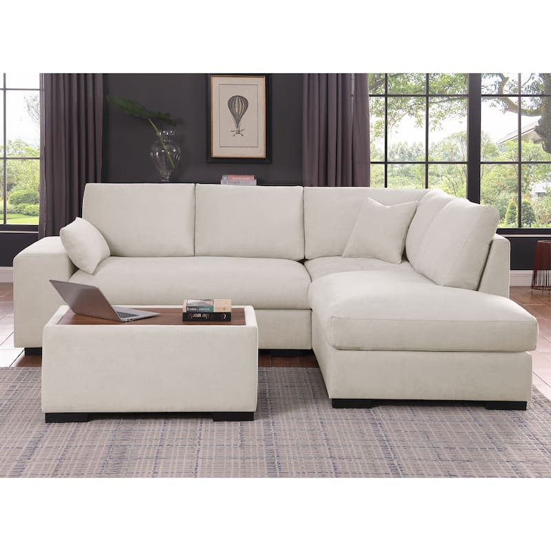 100"W Beige Woven Sectional Sofa w/ Right Chaise, Console Ottoman & 2 Pillows