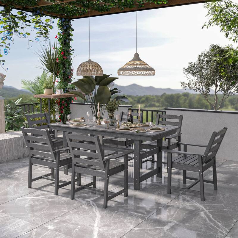 Outdoor Dining Table and Chair Set: HDPE Material, Wood - Grain Design