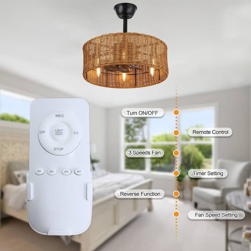 Cusp Barn 18'' Boho Caged Ceiling Fan with Remote Control, Farmhouse Rattan Fandelier, 3 Speeds Enclosed 6-Light Fan for Bedroom